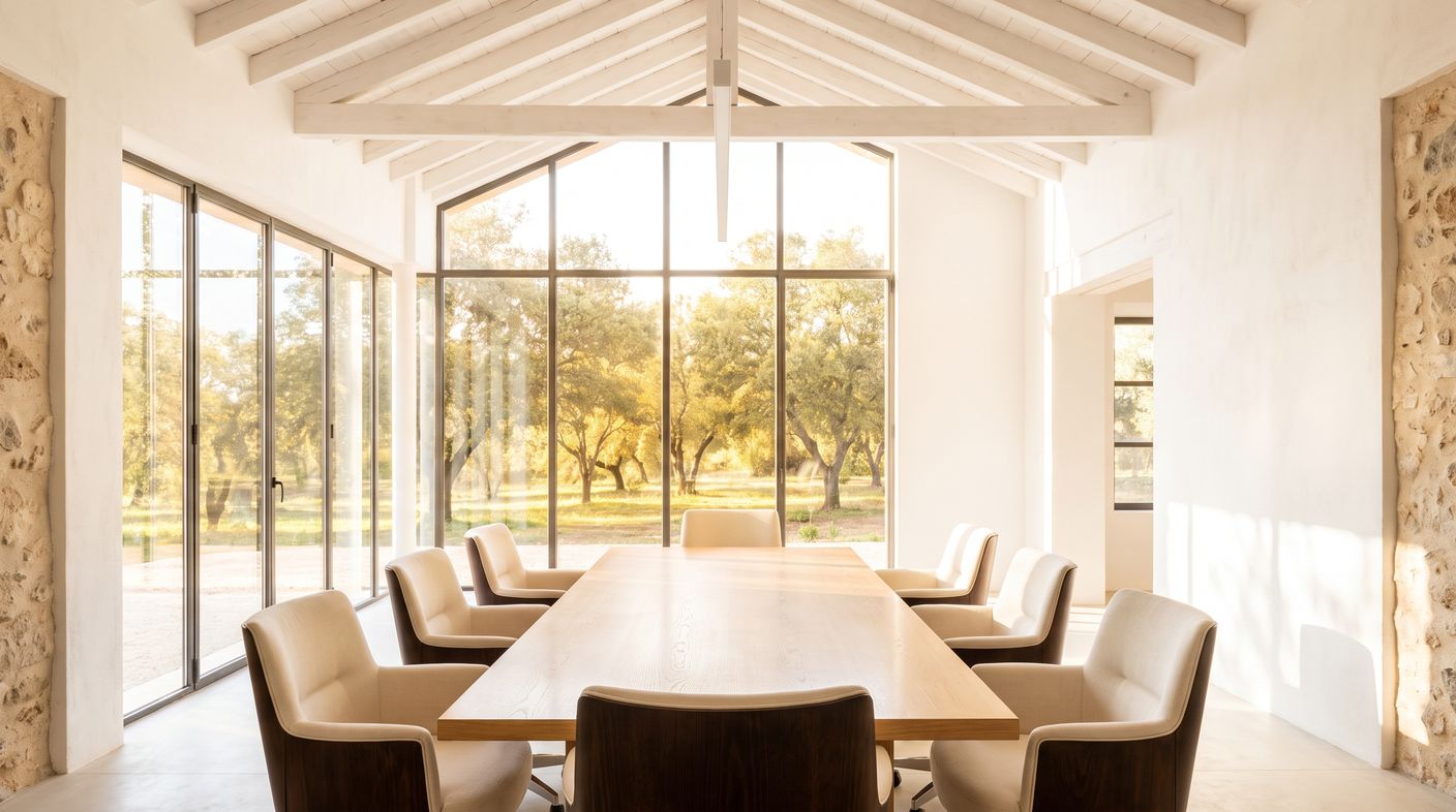 Sala de consejo con mesa central para reuniones de comité de dirección