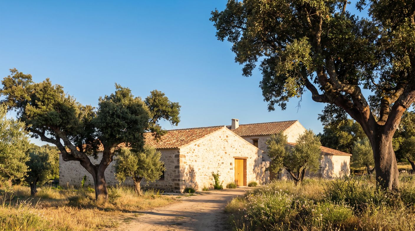 Cortijo restaurado entre encinas en la naturaleza de Cáceres al atardecer