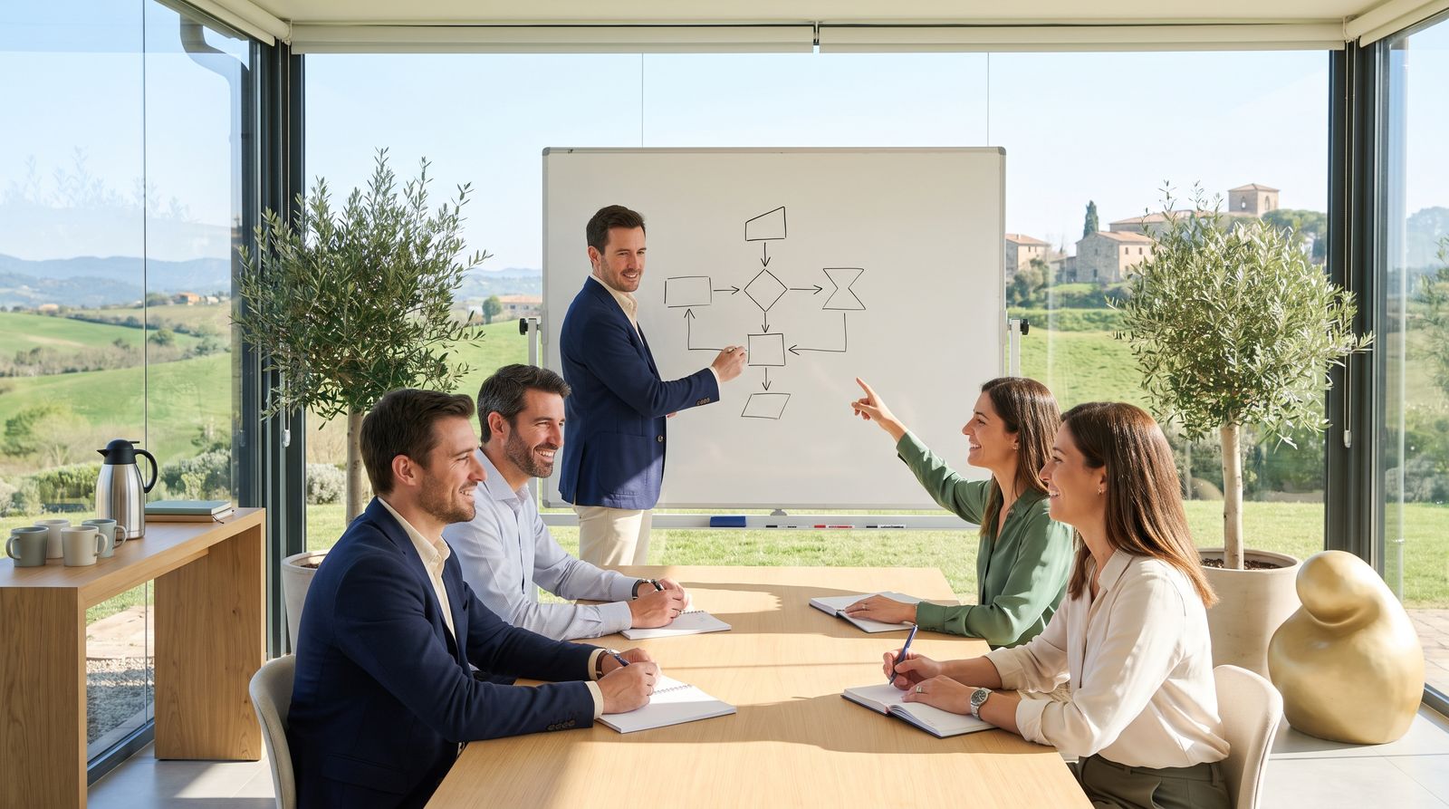 Sesión de reflexión y aprendizaje directivo bajo las encinas, en plena naturaleza