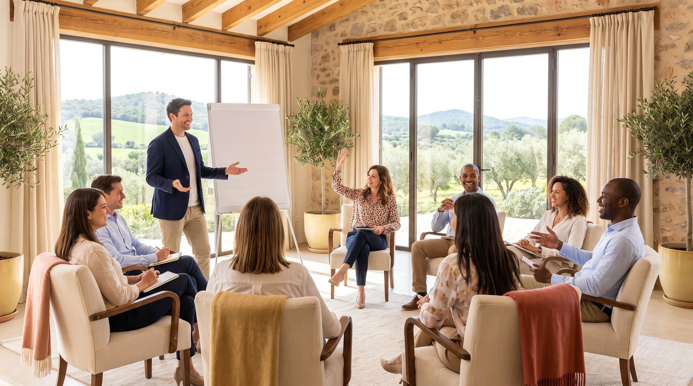 Sesión de desarrollo directivo alrededor de una mesa de trabajo bajo las encinas, en plena naturaleza
