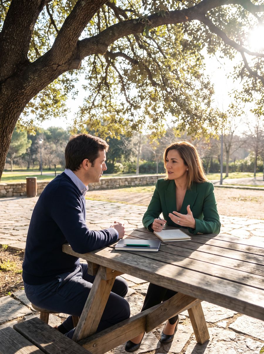 Directiva en una conversación de desarrollo de liderazgo bajo una encina