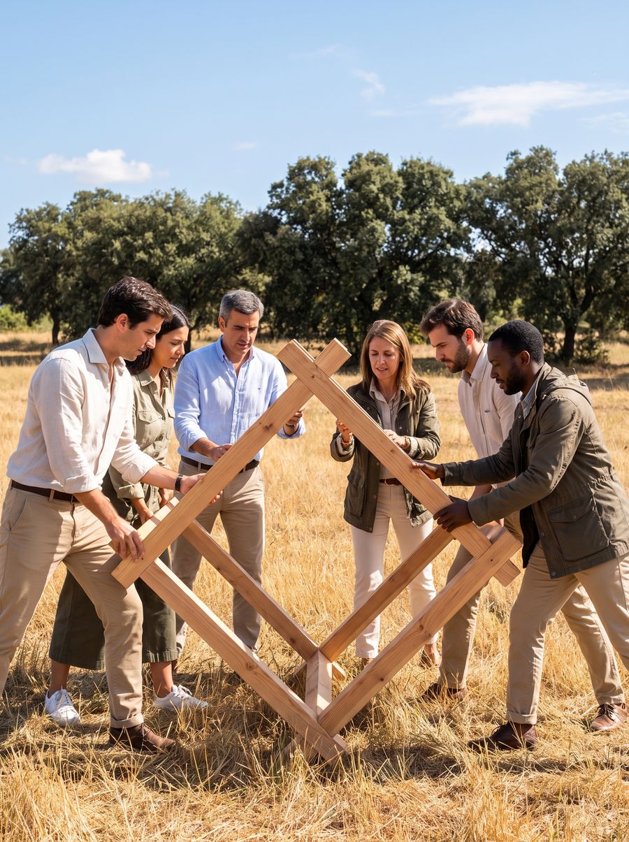 Equipo colaborando en una dinámica experiencial al aire libre en plena naturaleza
