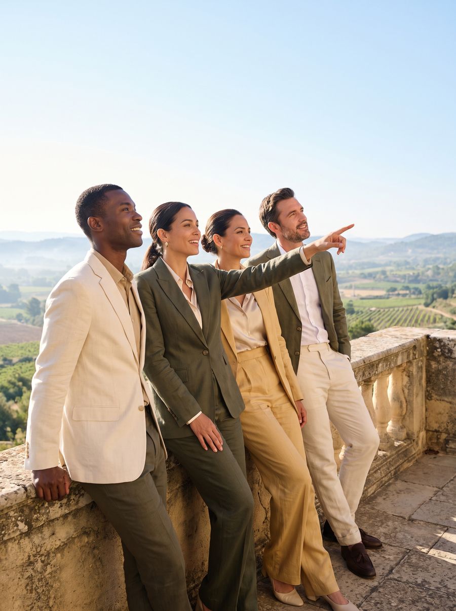 Directivos observando el paisaje desde la terraza de un cortijo, señalando el horizonte a plena luz del día